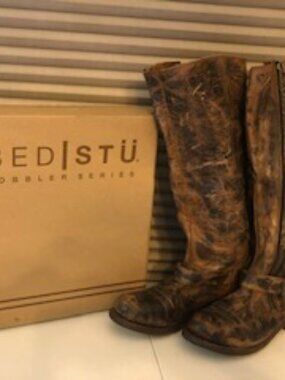 Bed Stu Tango Distressed Brown & Black Leather Tall Boot with Zipper - 7